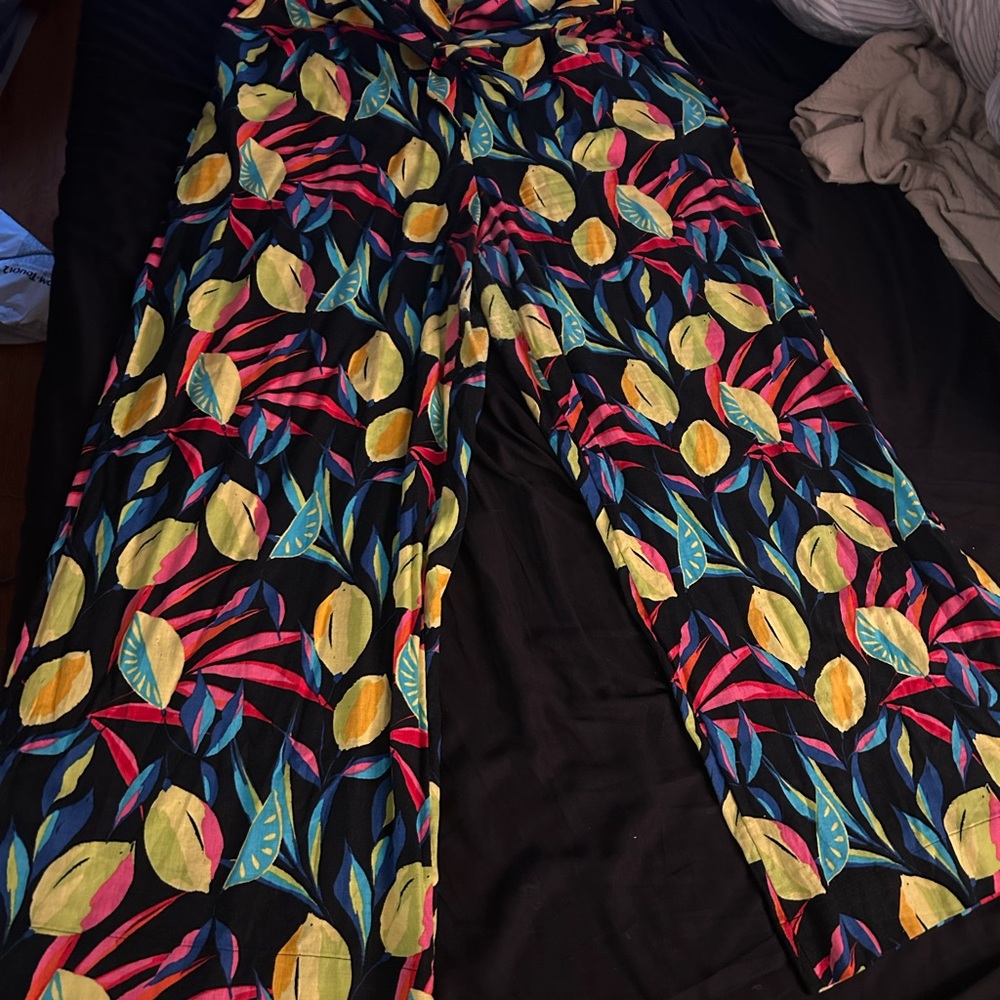 Tropical Leaf Print Wide Leg Women's Pants